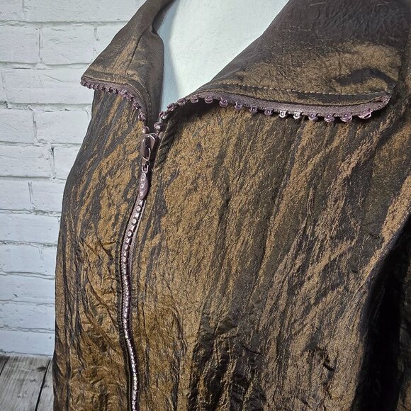 WOMENS BRONZE WINDBREAKER BY CACTUS, CRINKLED27, RHINESTONE ZIPPER SIZE MED EUC - Picture 3 of 7